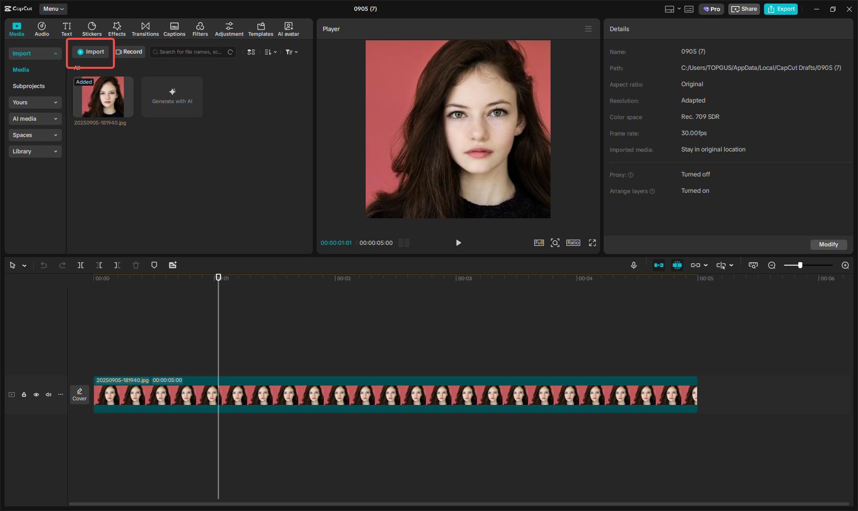 Click on import to input your image