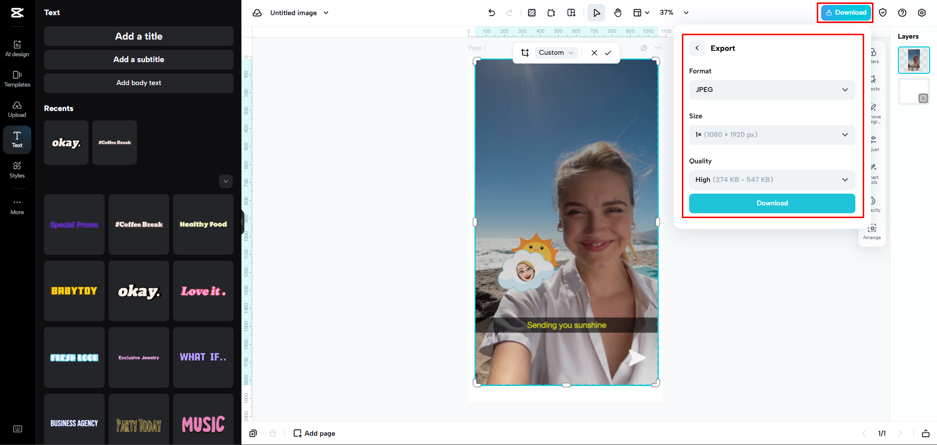 Esportare l'immagine da CapCut Web