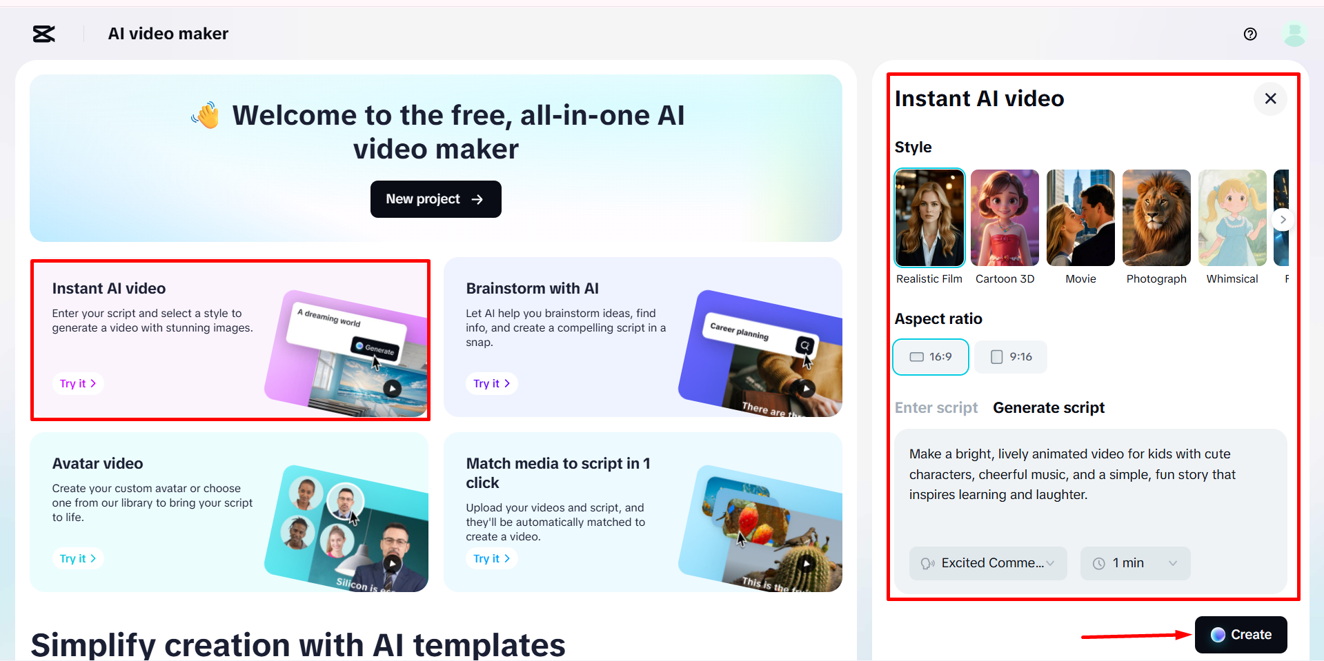 Entering the prompt in CapCut Web's AI video maker