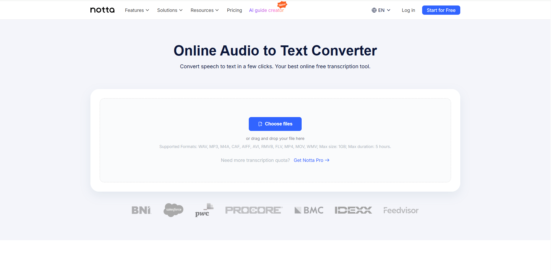 Interface de Notta - o conversor de áudio para texto online mais apreciado