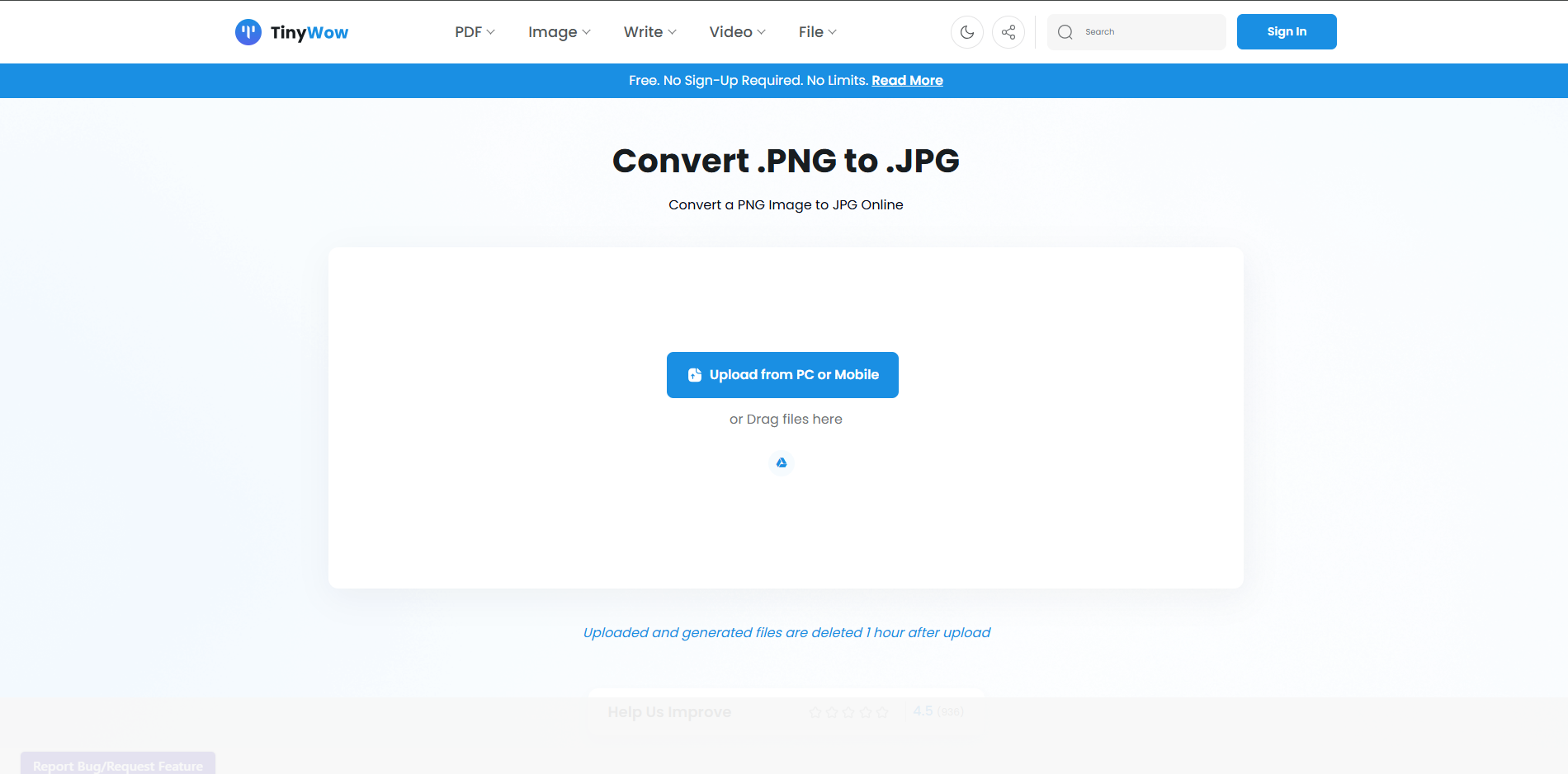 Інтерфейс TinyWow - ідеальний конвертер PNG в JPG