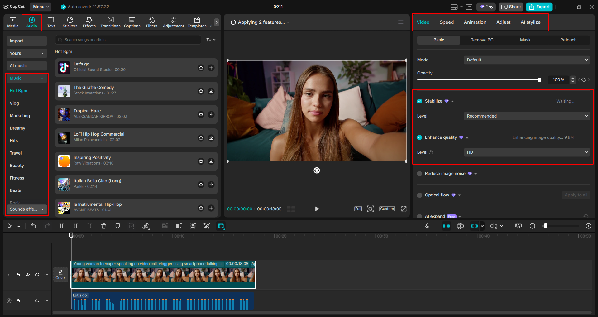 Upscaling and editing a video with the CapCut desktop video editor