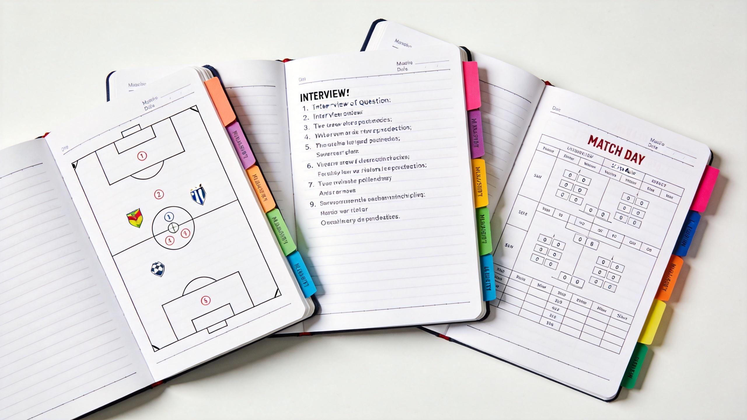 Open notebooks with football field diagrams, interview notes, and match day tables with colorful tabs