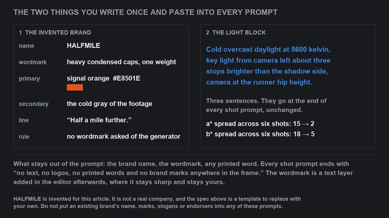 Two panels: an invented brand spec listing name, wordmark, primary color, secondary color, line and rule; and a light block of three sentences about color temperature, key light ratio and camera height.