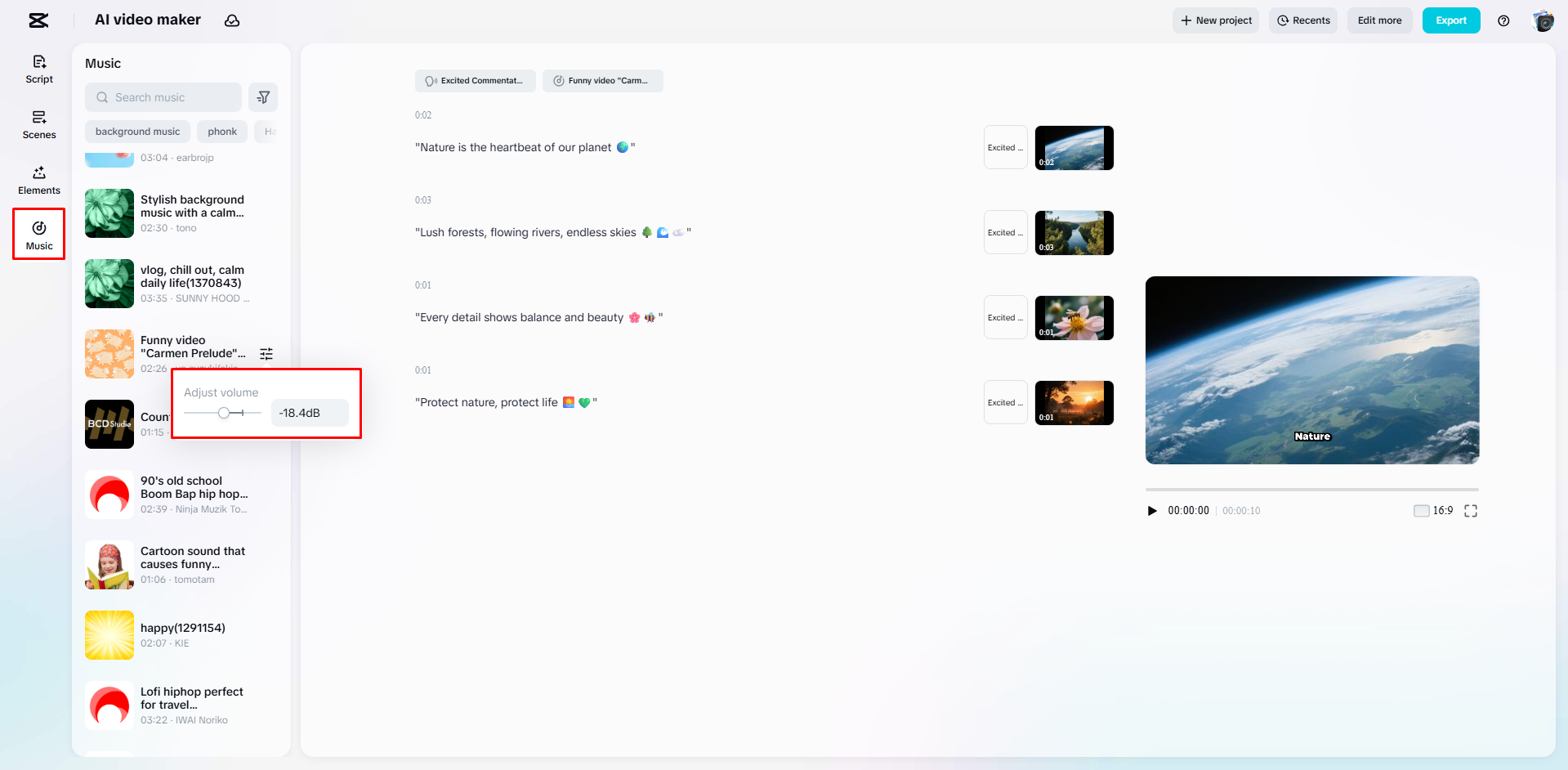 Adding background music to a video using CapCut Web