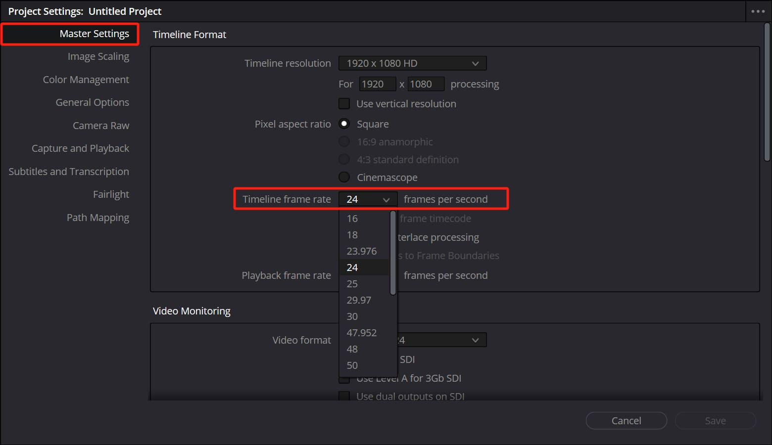 Adjusting the settings of an image sequence in DaVinci Resolve