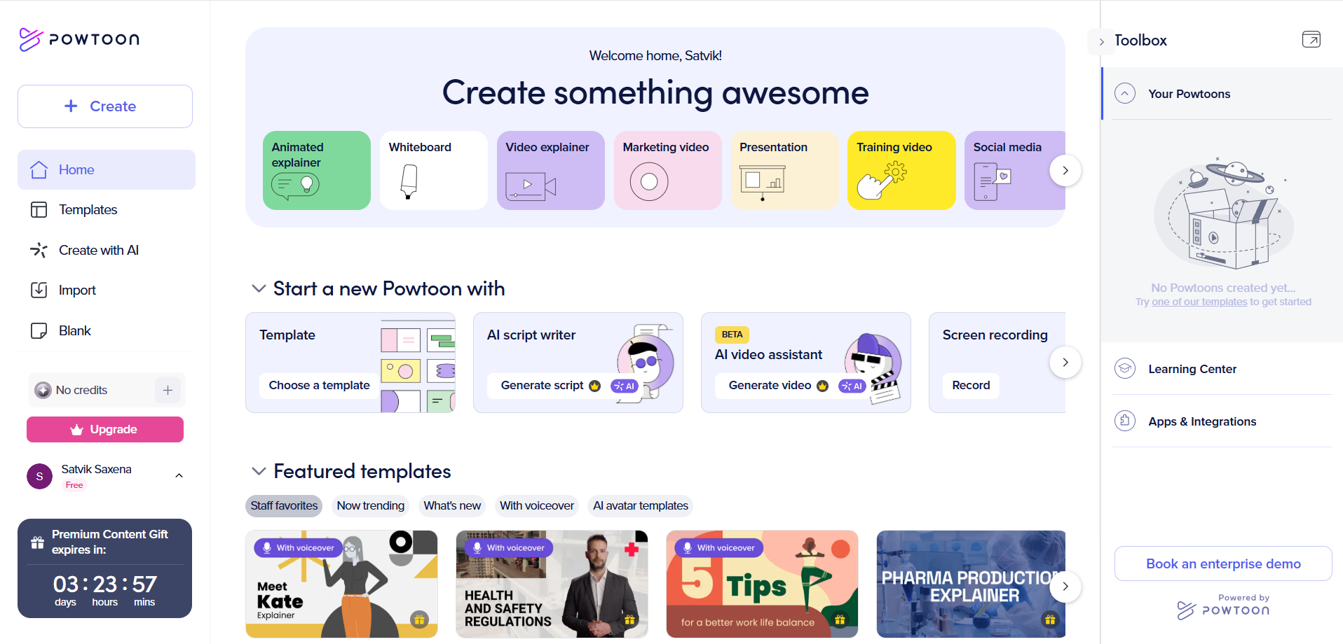 Powtoon AI'nın arayüzü