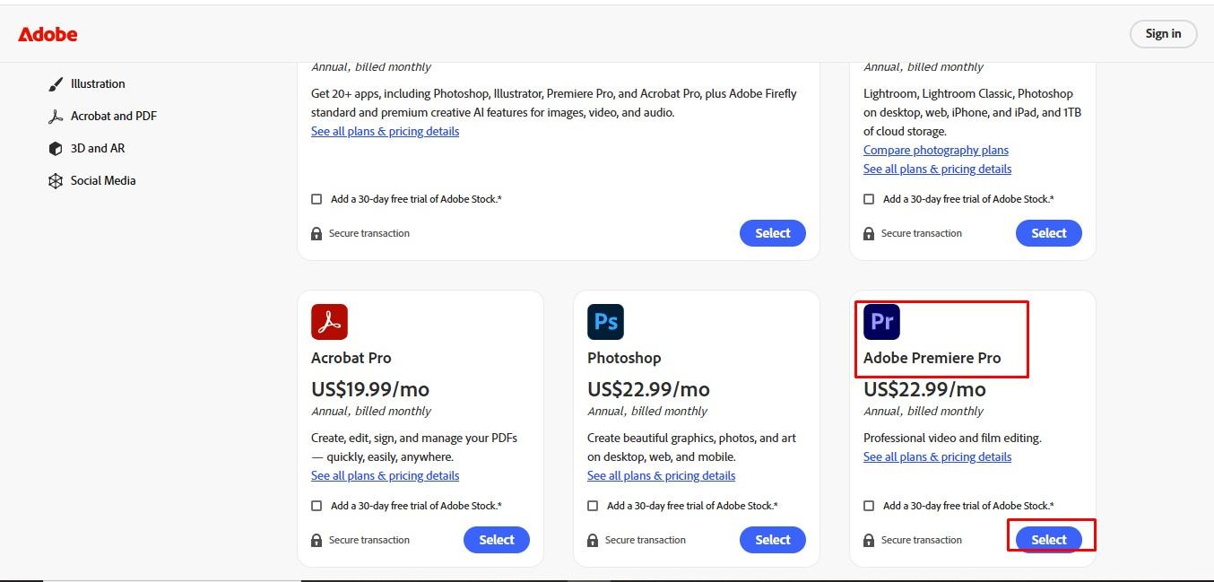 Adobe Premium Pro 'yu satın alın