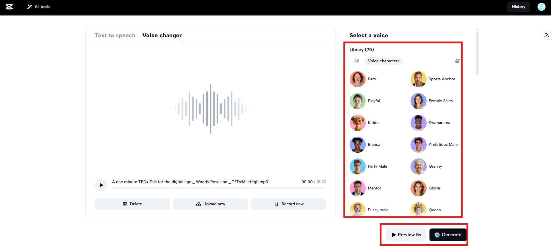 Apply voice, preview and generate