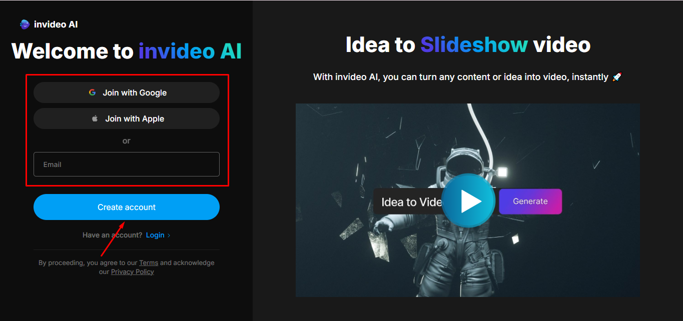 Registrazione su InVideo AI