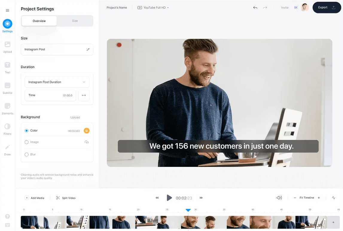 Gränssnittet för Veed.io – en online videoredigerare för e-handel.