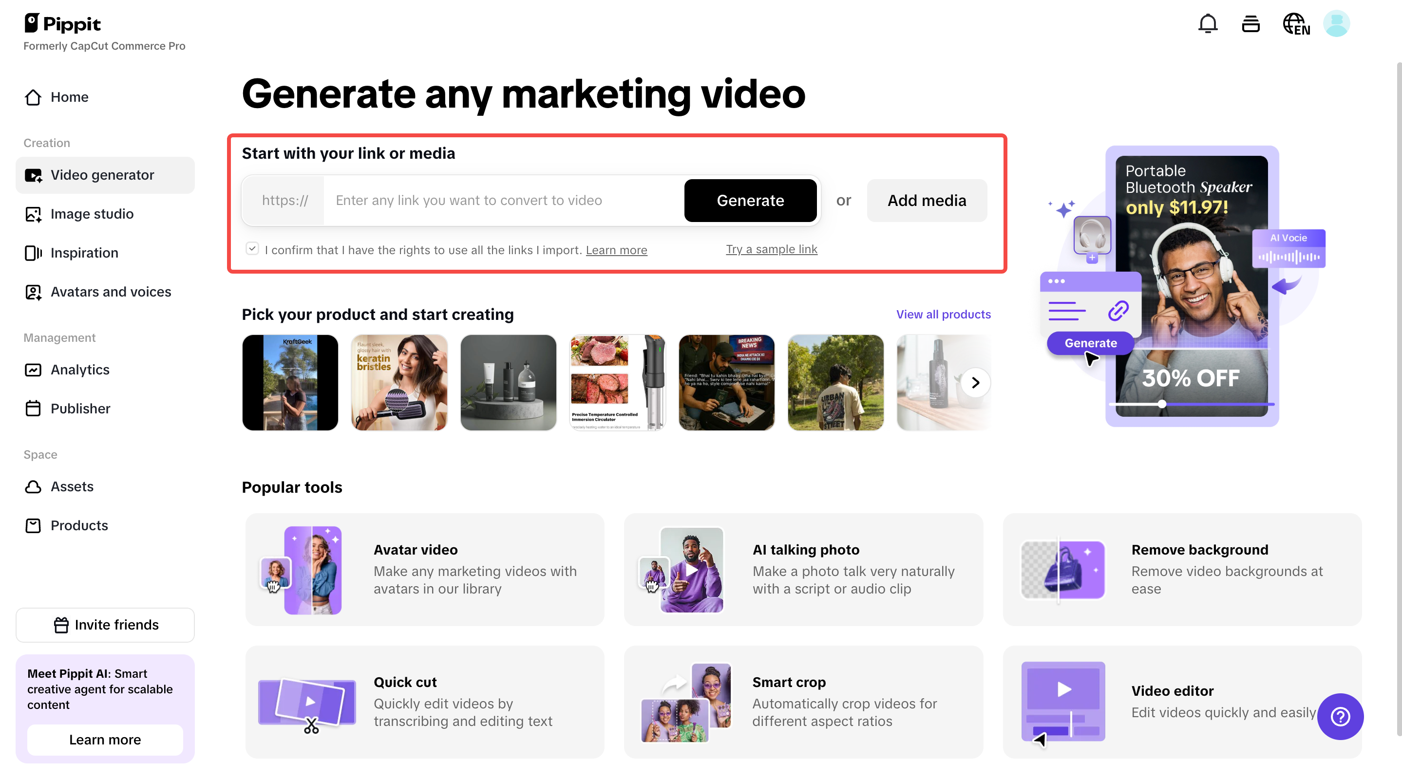Carregue links de produtos e mídias