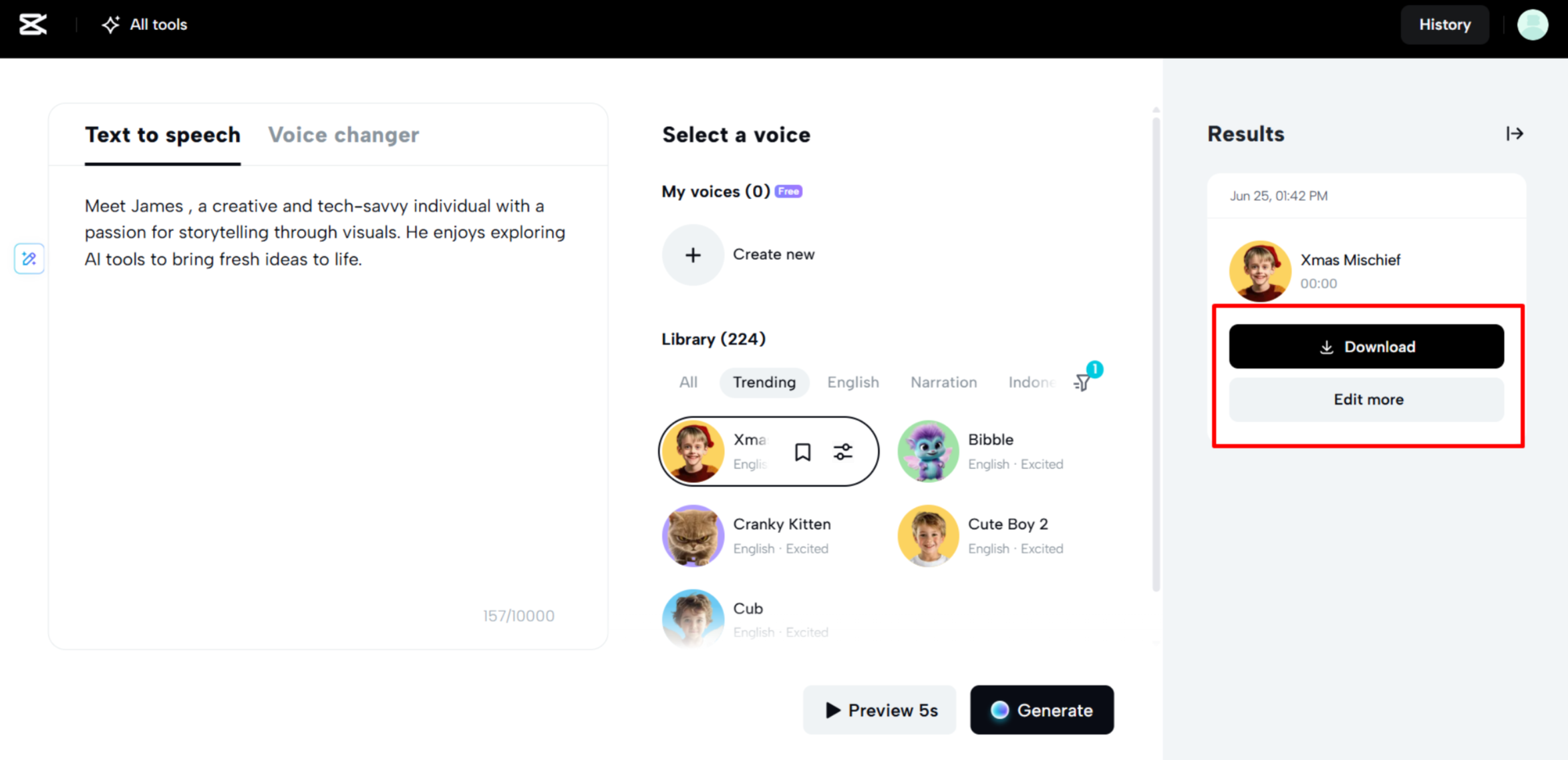 Descargando el audio después de aplicar texto a voz en el CapCut Web
