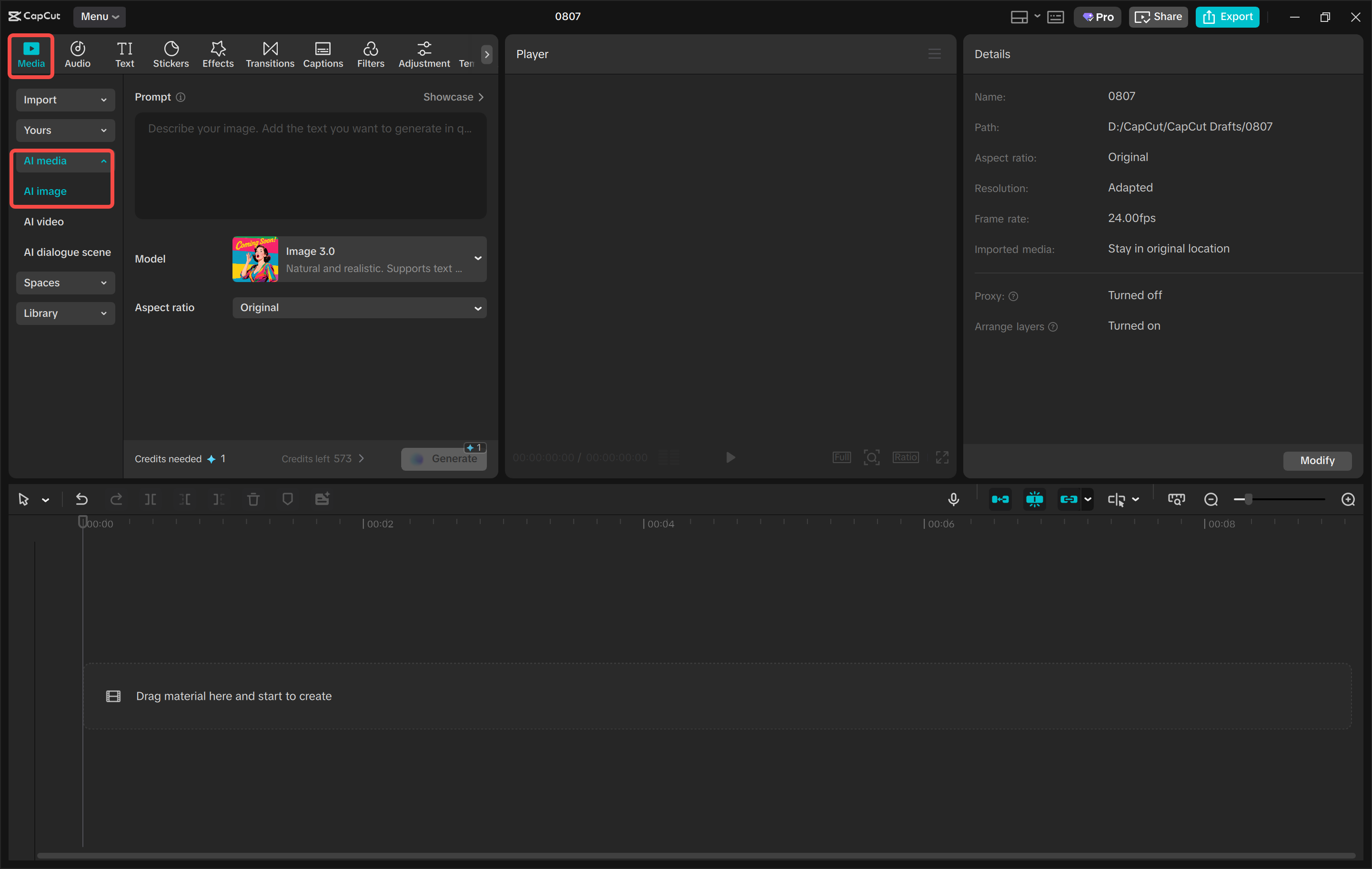Opening an AI image generator in the CapCut desktop video editor