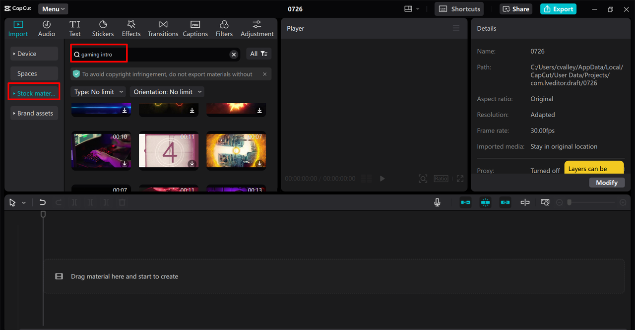 Selecting an intro for a gaming video in CapCut desktop video editor