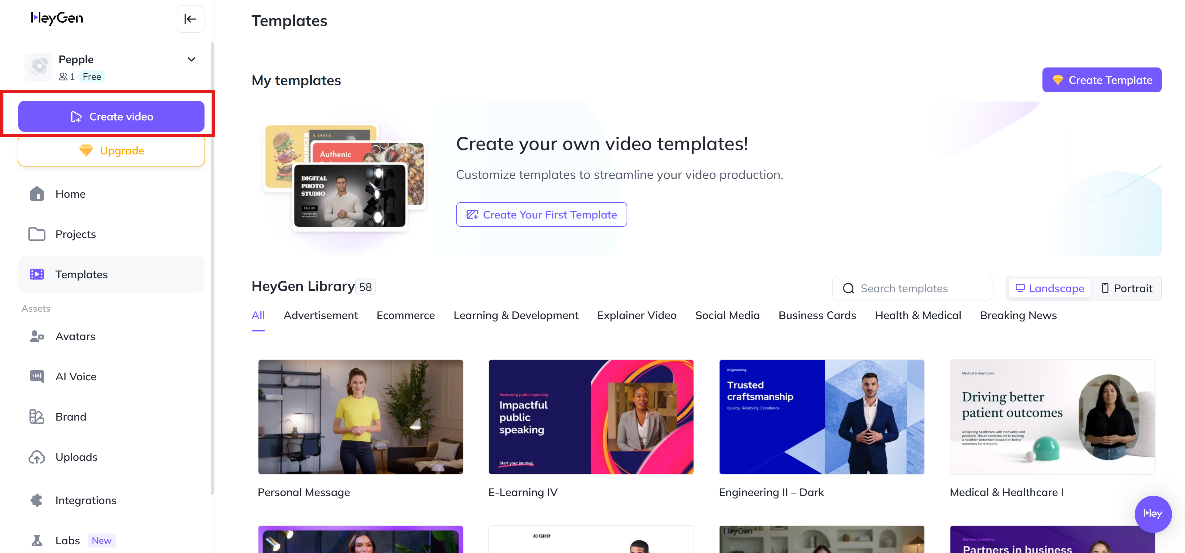 HeyGenにログインし、「動画を作成」を選択してください。