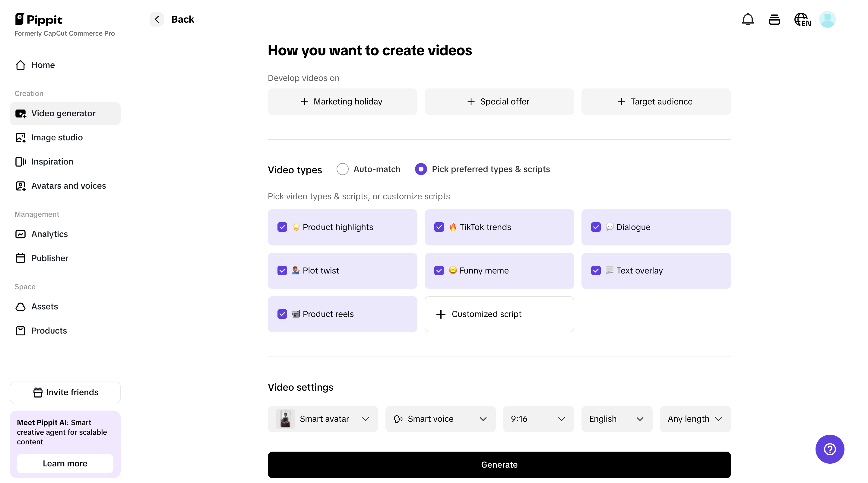 Generate marketing videos