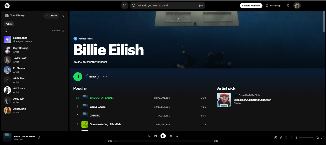 Billie Eilish – One of the top 100 listened-to artists on Spotify