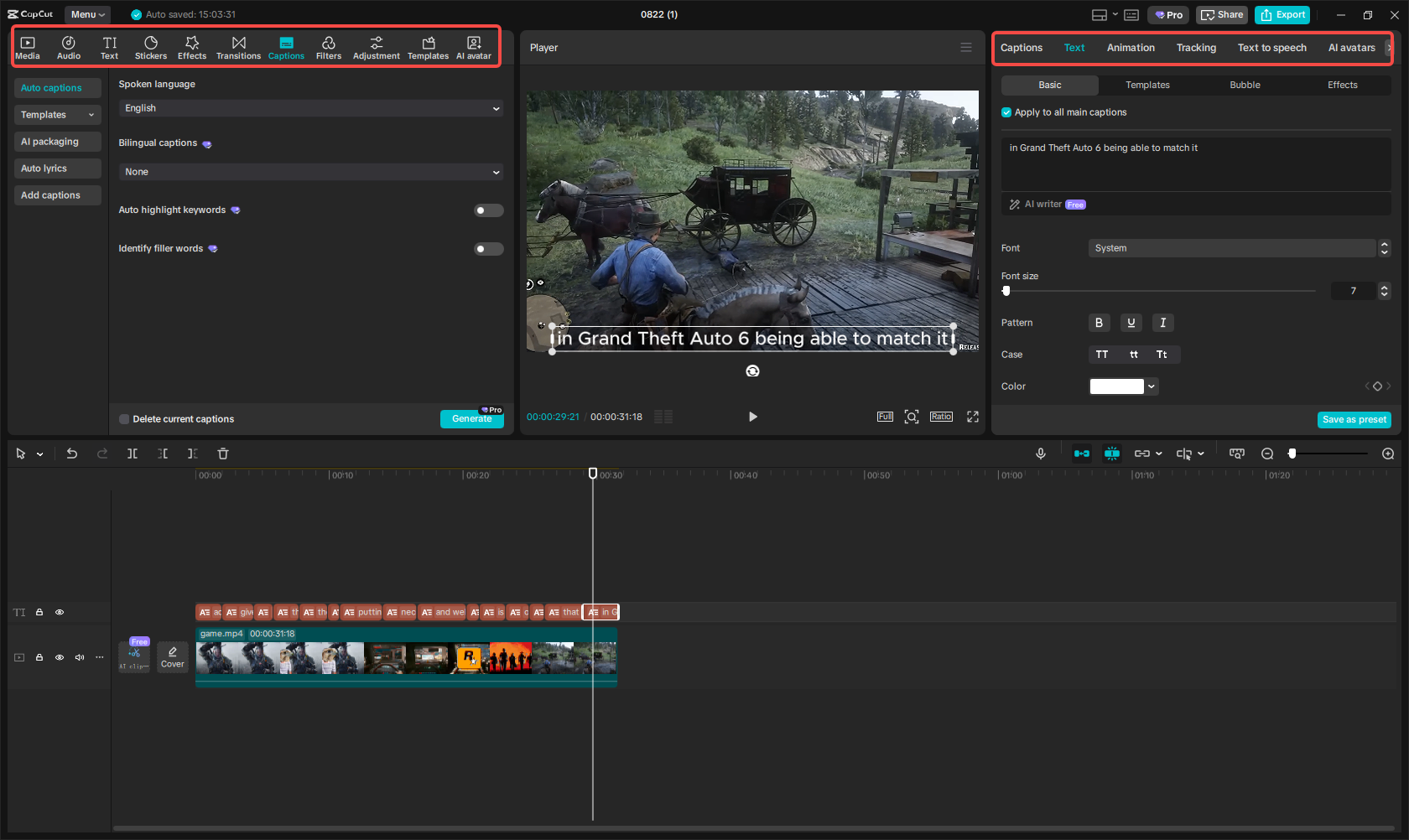 CapCut editor con de subtítulos y efectos aplicados a clips de juego
