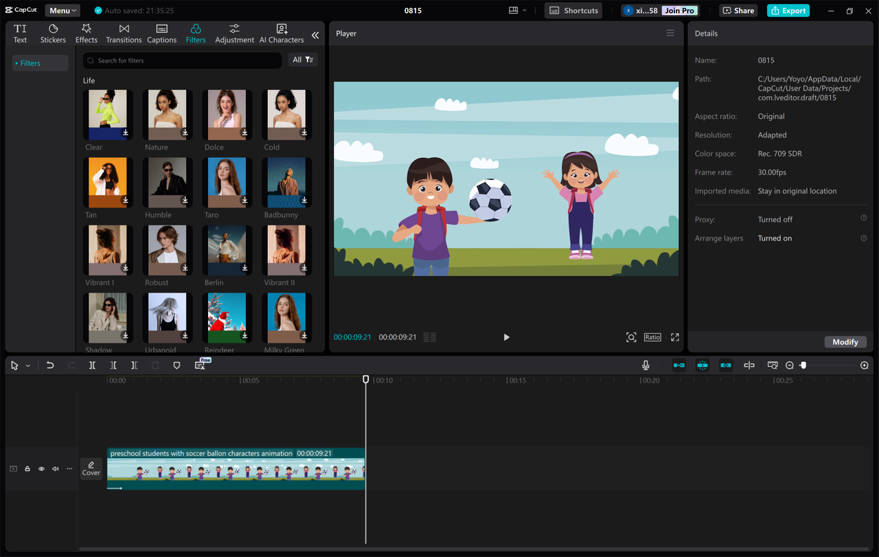 L'immagine dell' CapCut editor video desktop che mostra varie funzionalità per modificare il video di animazione 3D