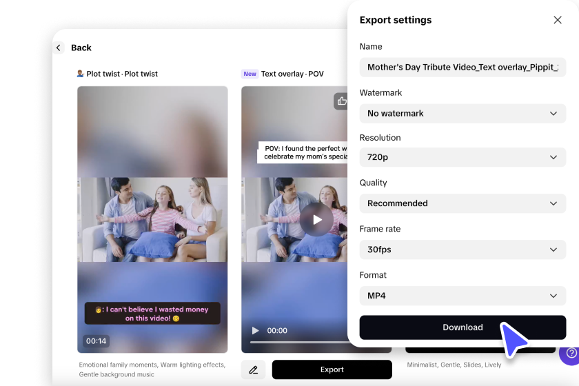 Exporting Mother's Day video from Pippit