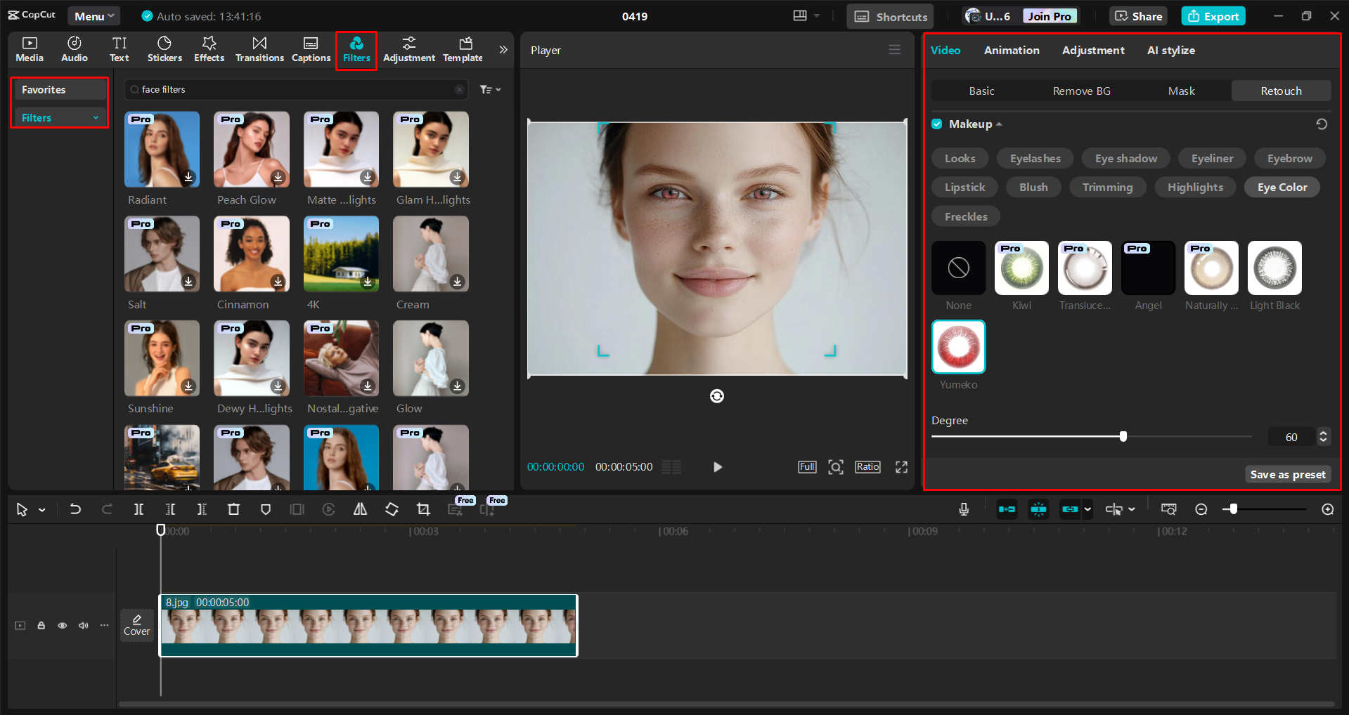 Changing eye color of an image in the CapCut desktop video editor
