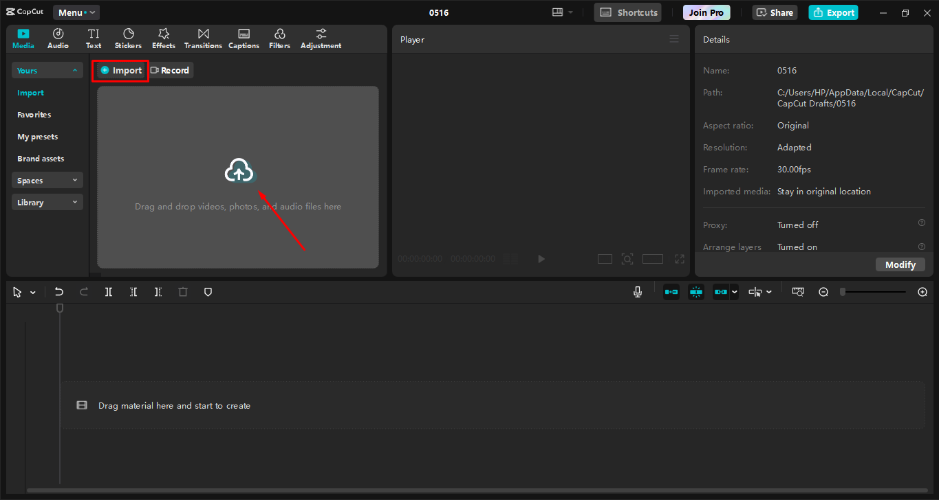 Caricamento dell'immagine nell' CapCut editor video desktop