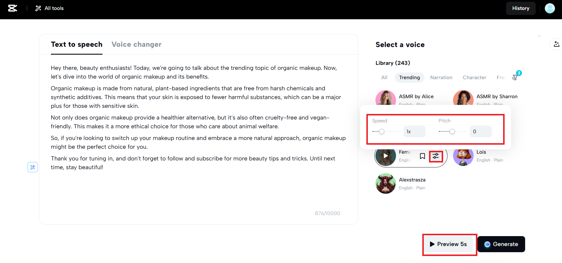 Adjust the speed and pitch, and click on the preview