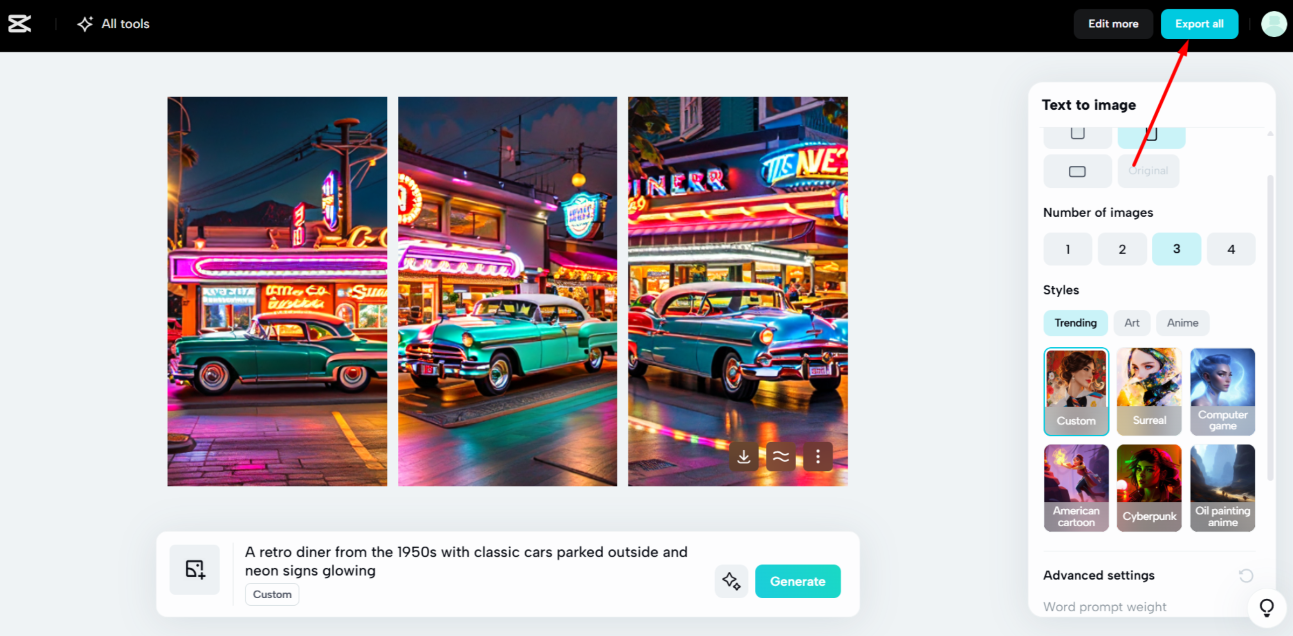 Exporting the final images from CapCut Web's AI image generator
