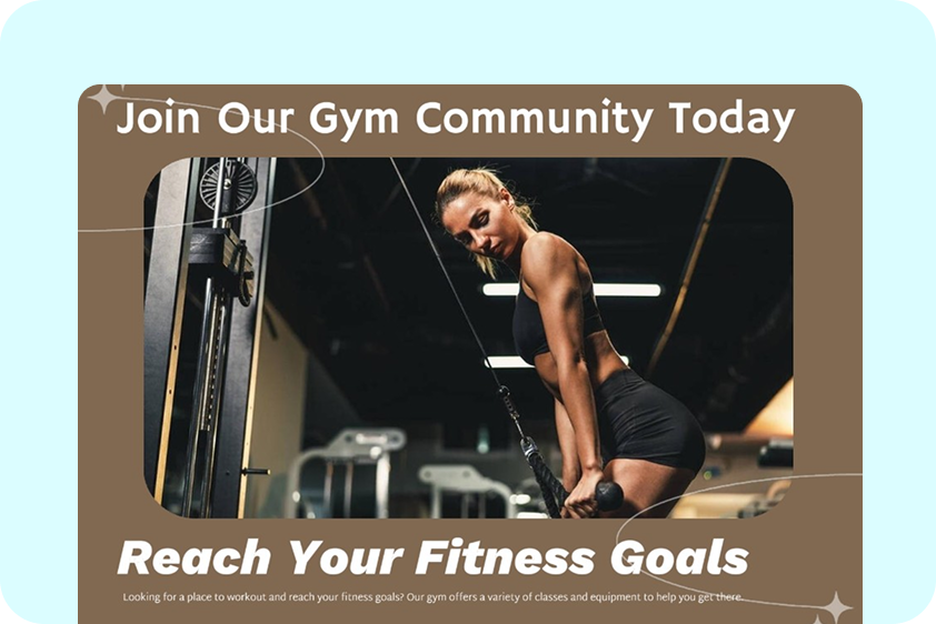 A gym-community advertisement shows fitness portraits and large promotional text