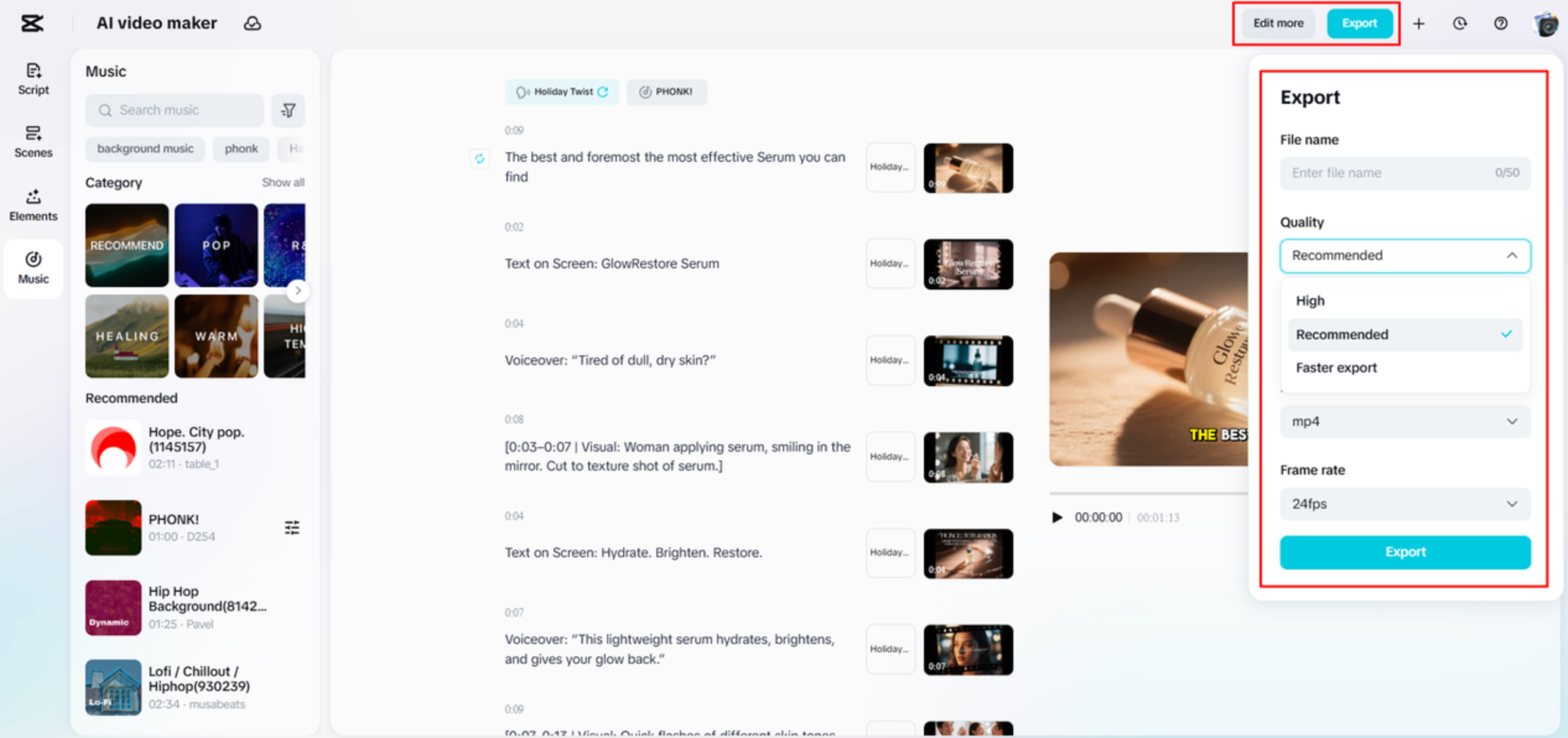 Exporting a video from CapCut Web