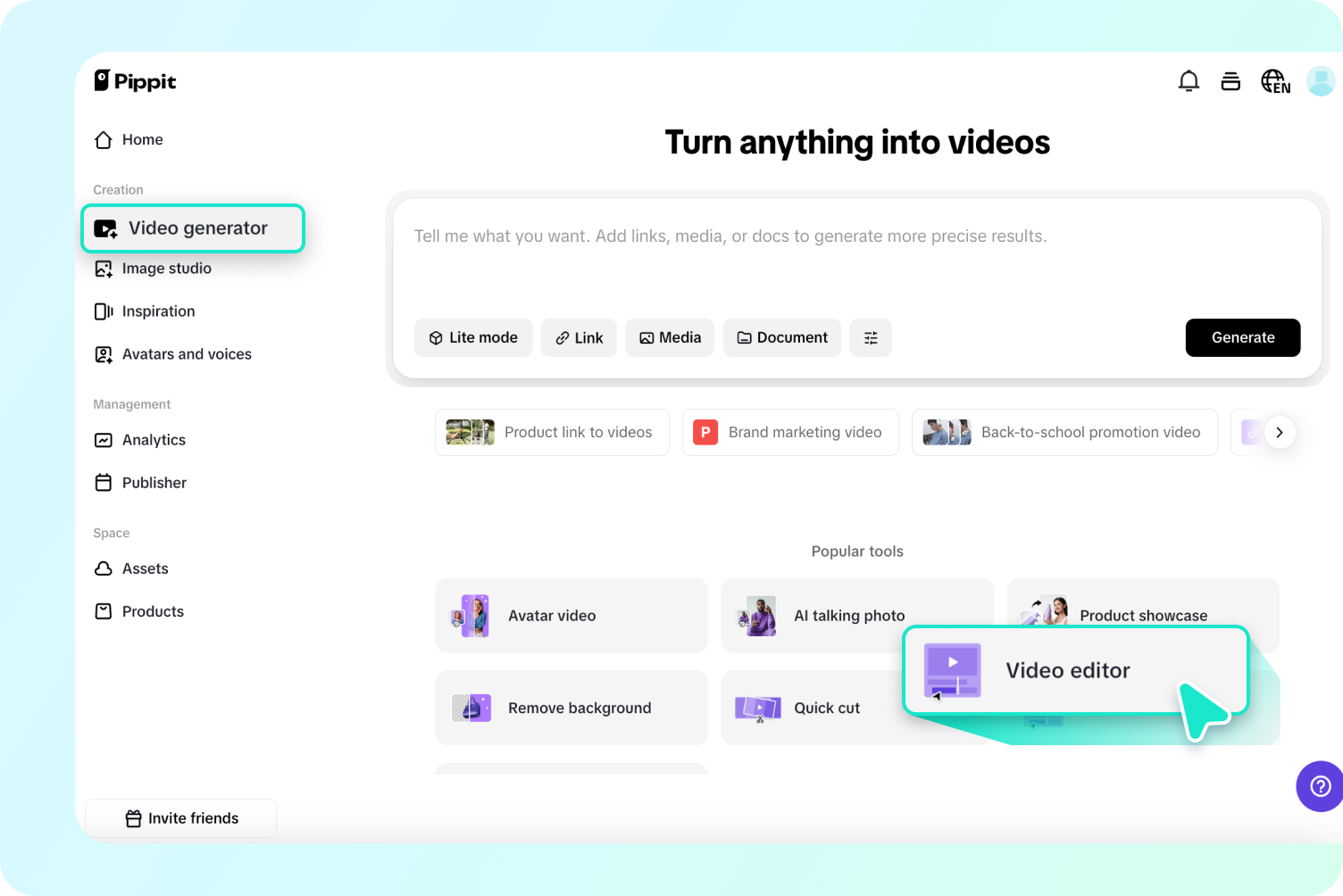 Opening AI video editor in Pippit