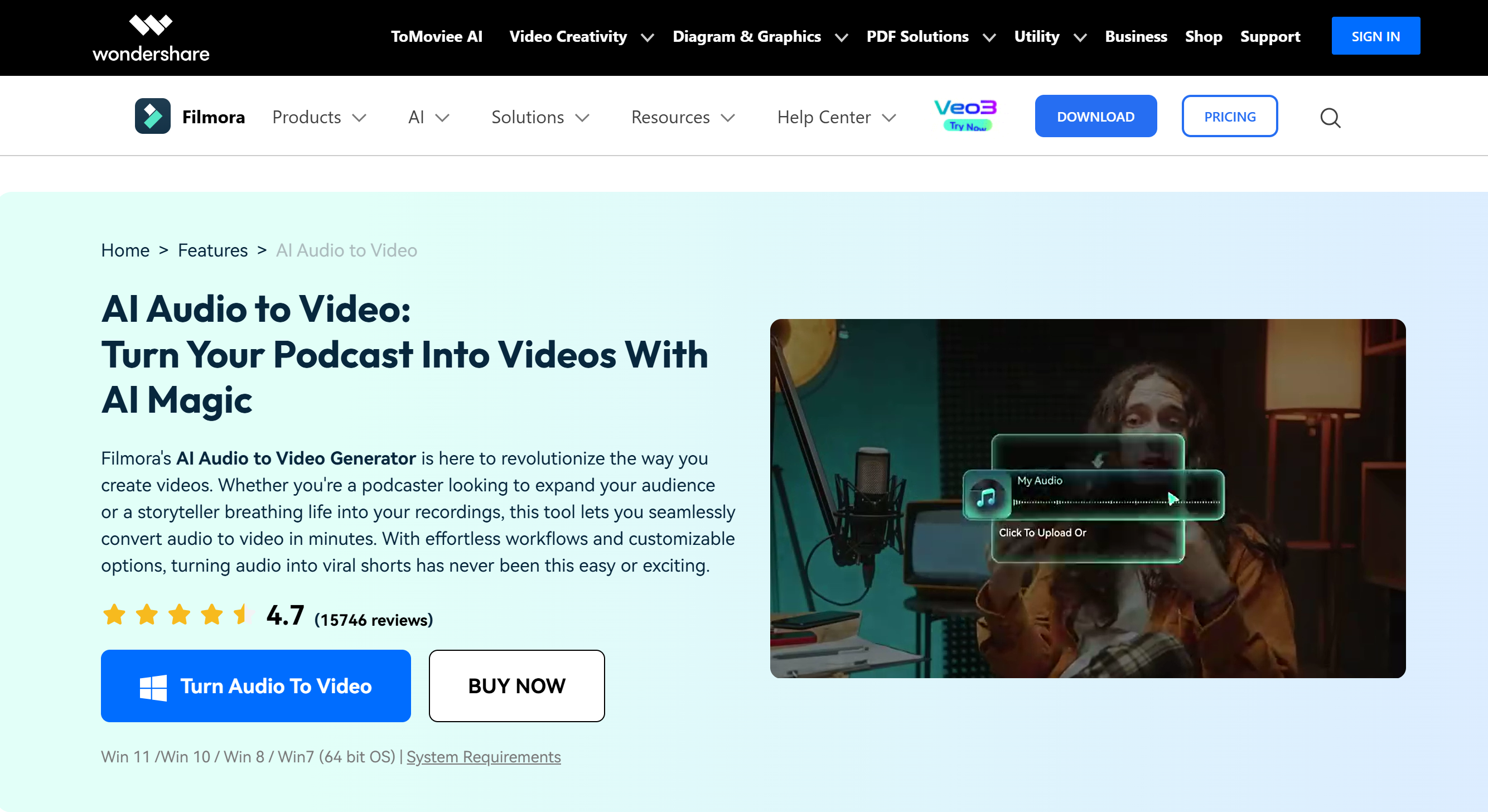Interface of Filmora - an efficient MP3 to video generator