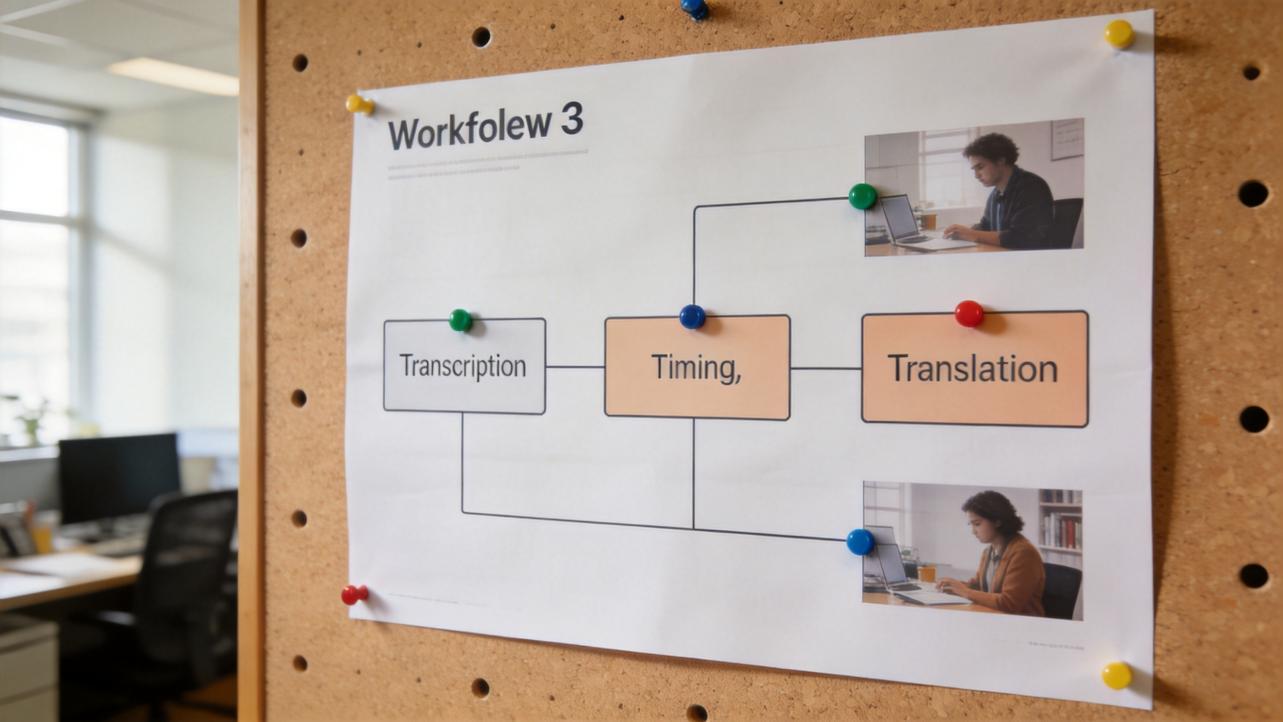 Workflow chart showing transcription, timing, and translation steps pinned to a corkboard