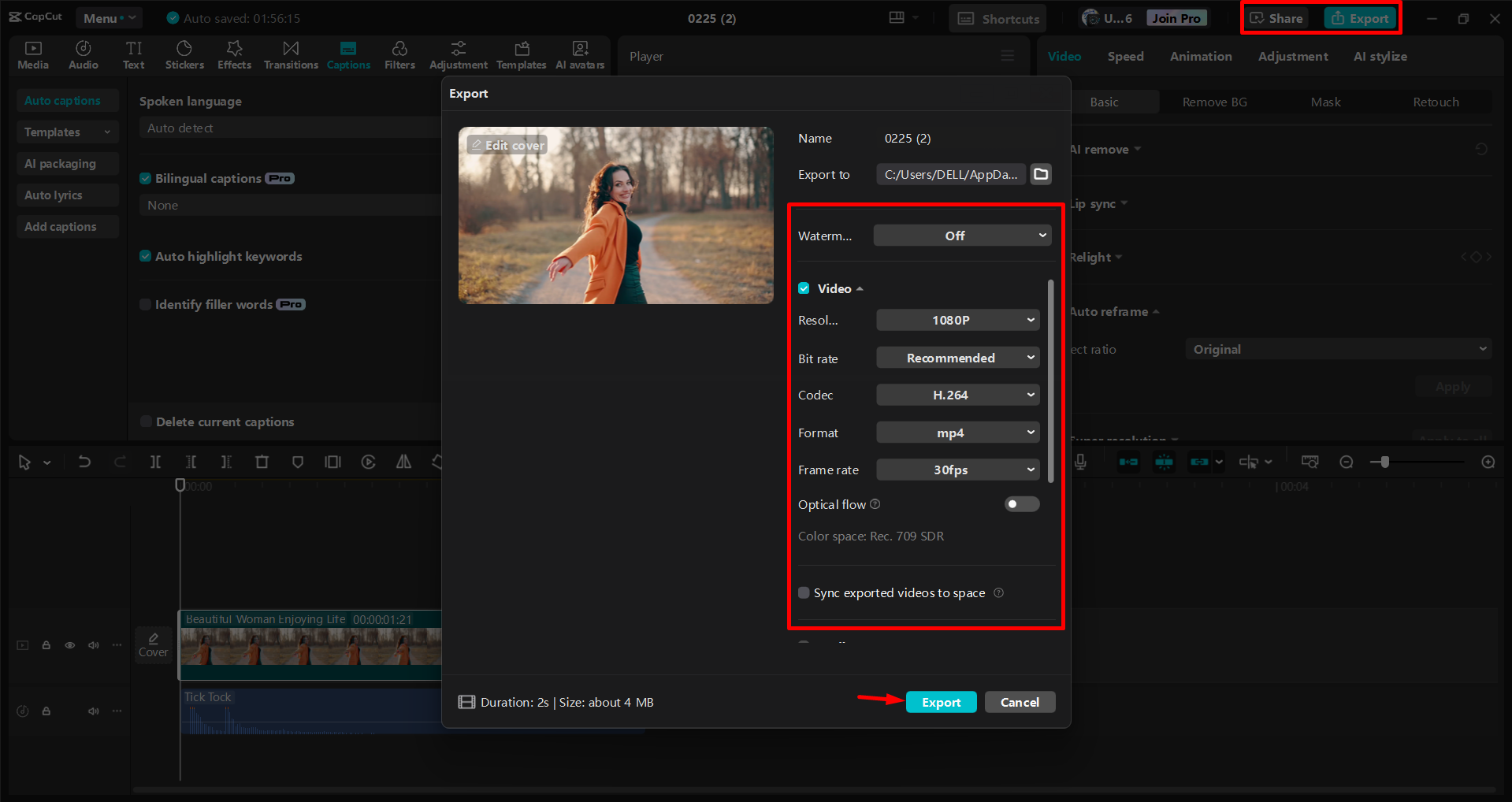 Esportazione di un video dall' CapCut editor video desktop