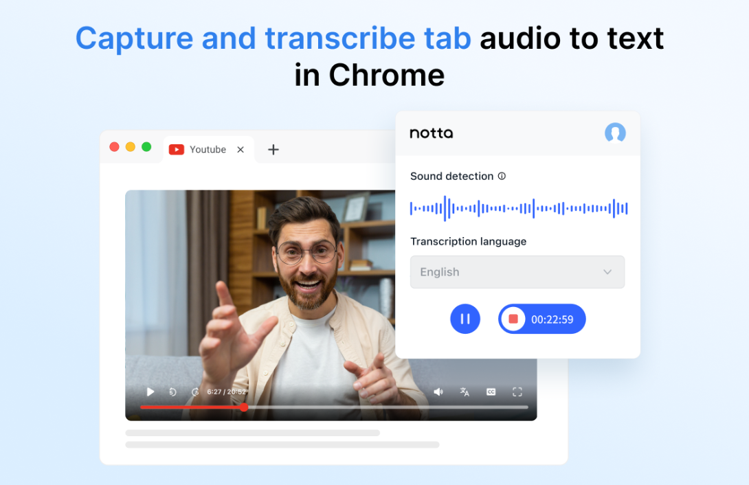 Interface do Notta - o melhor plugin para transcrever um vídeo do YouTube