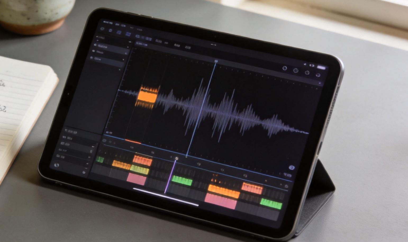 Notebook with handwritten notes beside a tablet showing an audio waveform editor