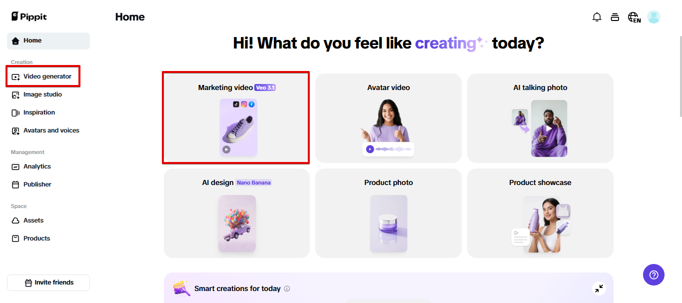 Otwieranie generatora wideo AI w Pippit