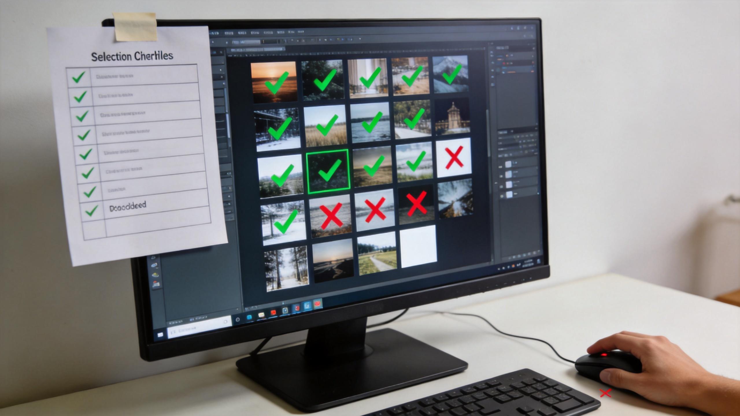 Monitor showing a photo grid with green check marks and red Xs beside a selection checklist
