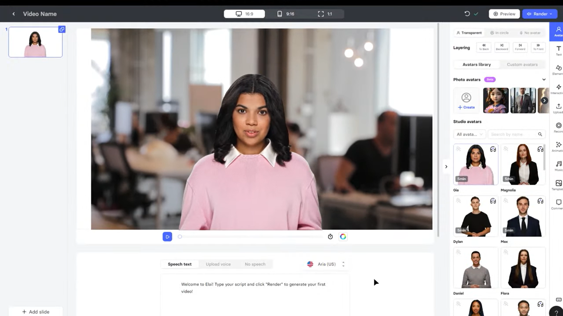 Interfaz de Elai.io: otro generador gratuito de videos de noticias con IA.