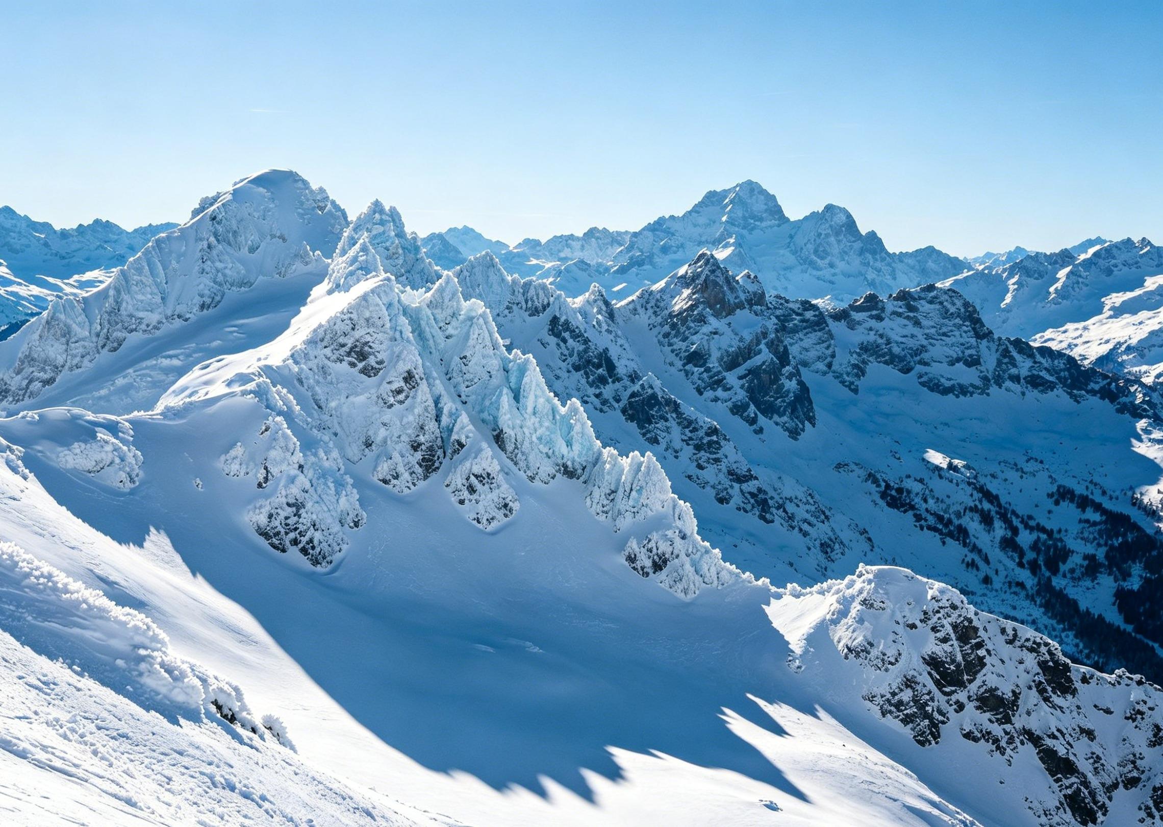 Create a winter landscape with snowy mountains and icy peaks
