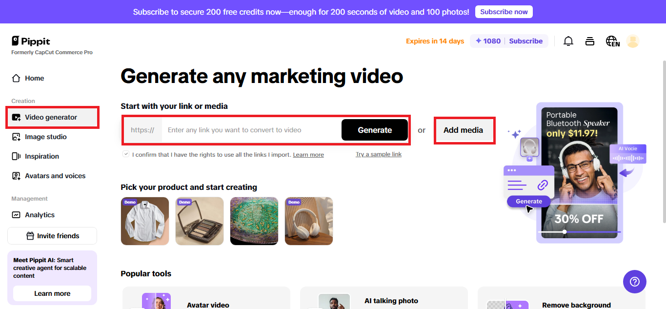 Pippit's video generator with upload options