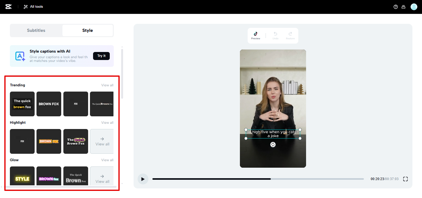 Vooraf ingestelde ondertitelingssjablonen in CapCut Web