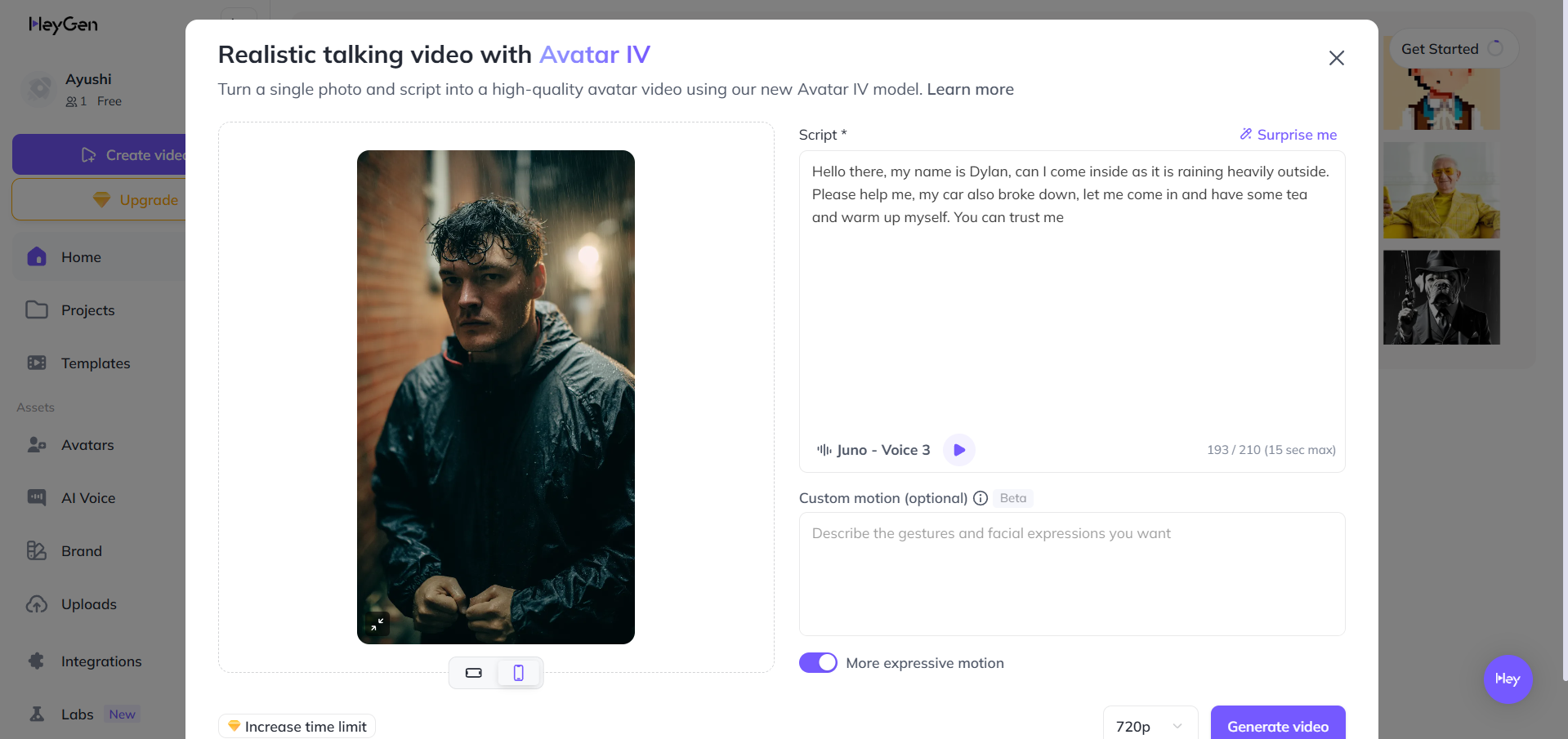 Interface ng video para sa HyGen avatar