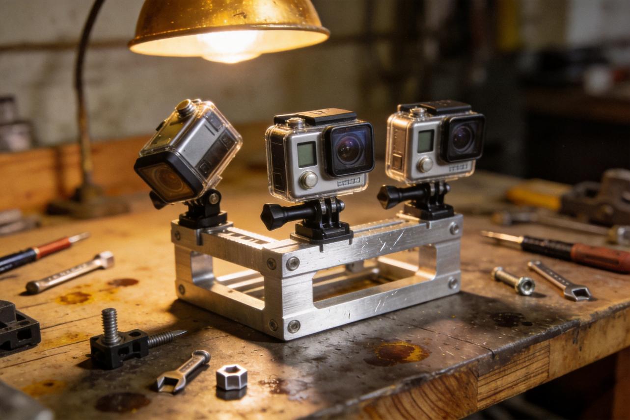 Three action cameras mounted on a metal rig on a workbench under a desk lamp