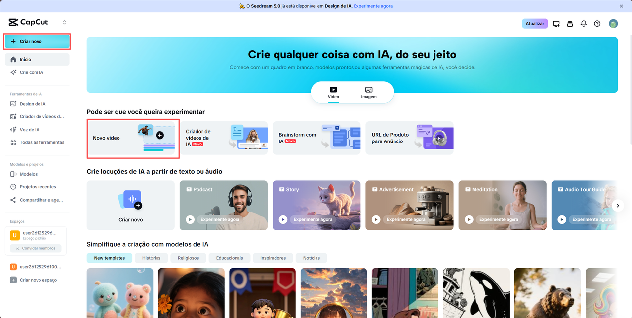 iniciar projeto no CapCut