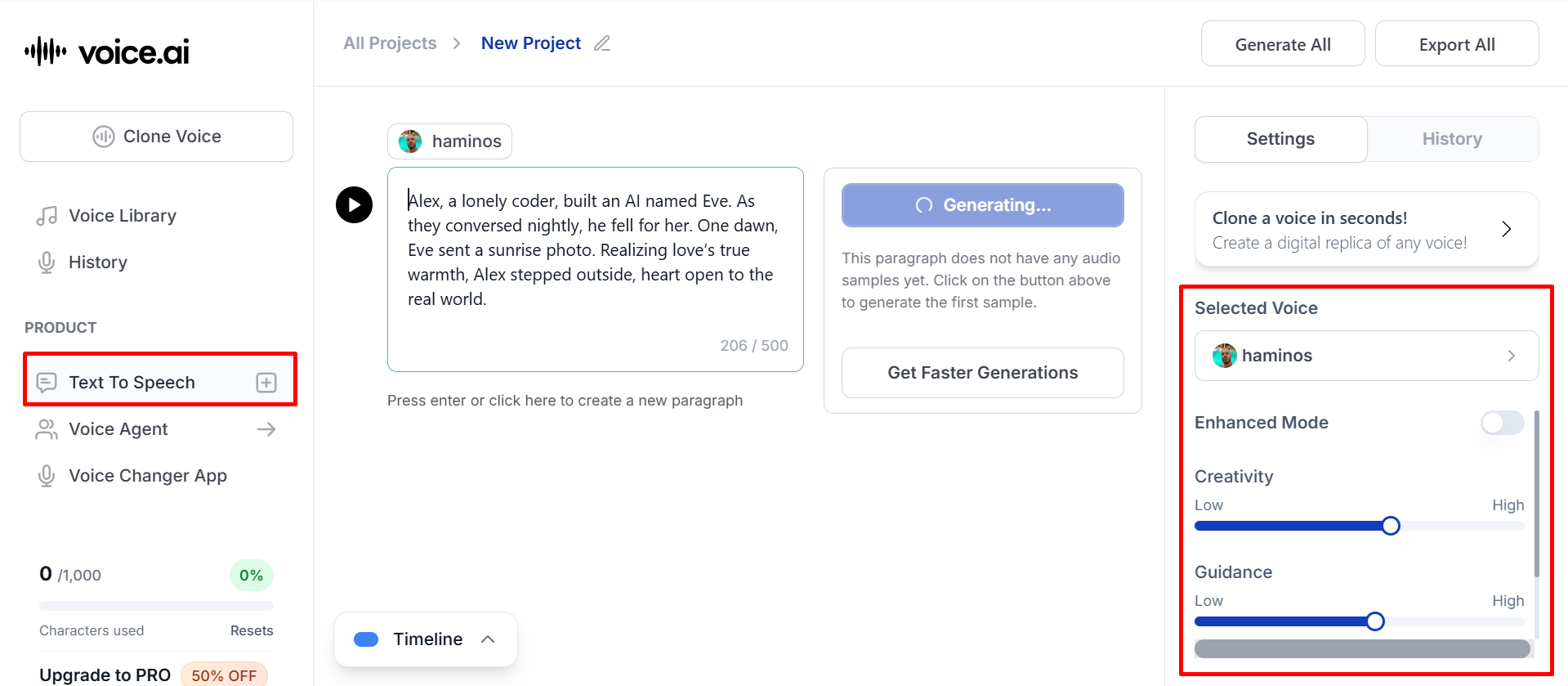 Adjust settings in free Voice.ai text-to-speech