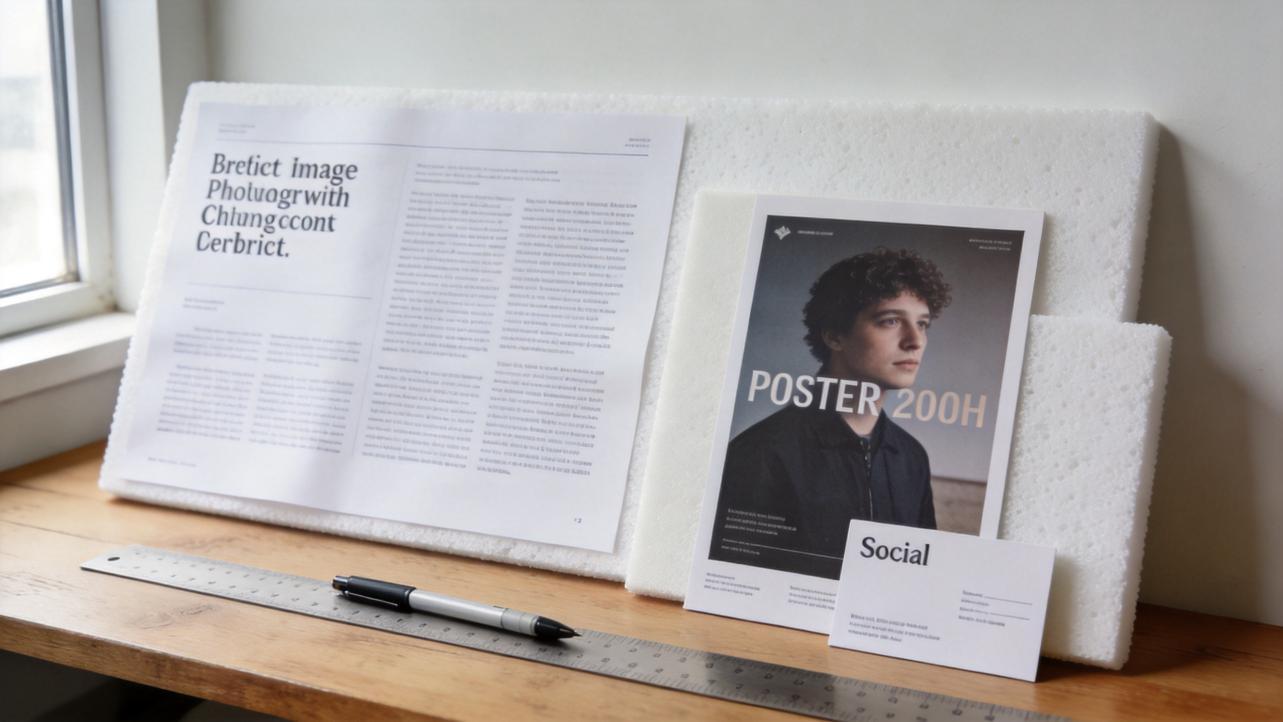 Printed mockups showing stylized text layouts on a desk