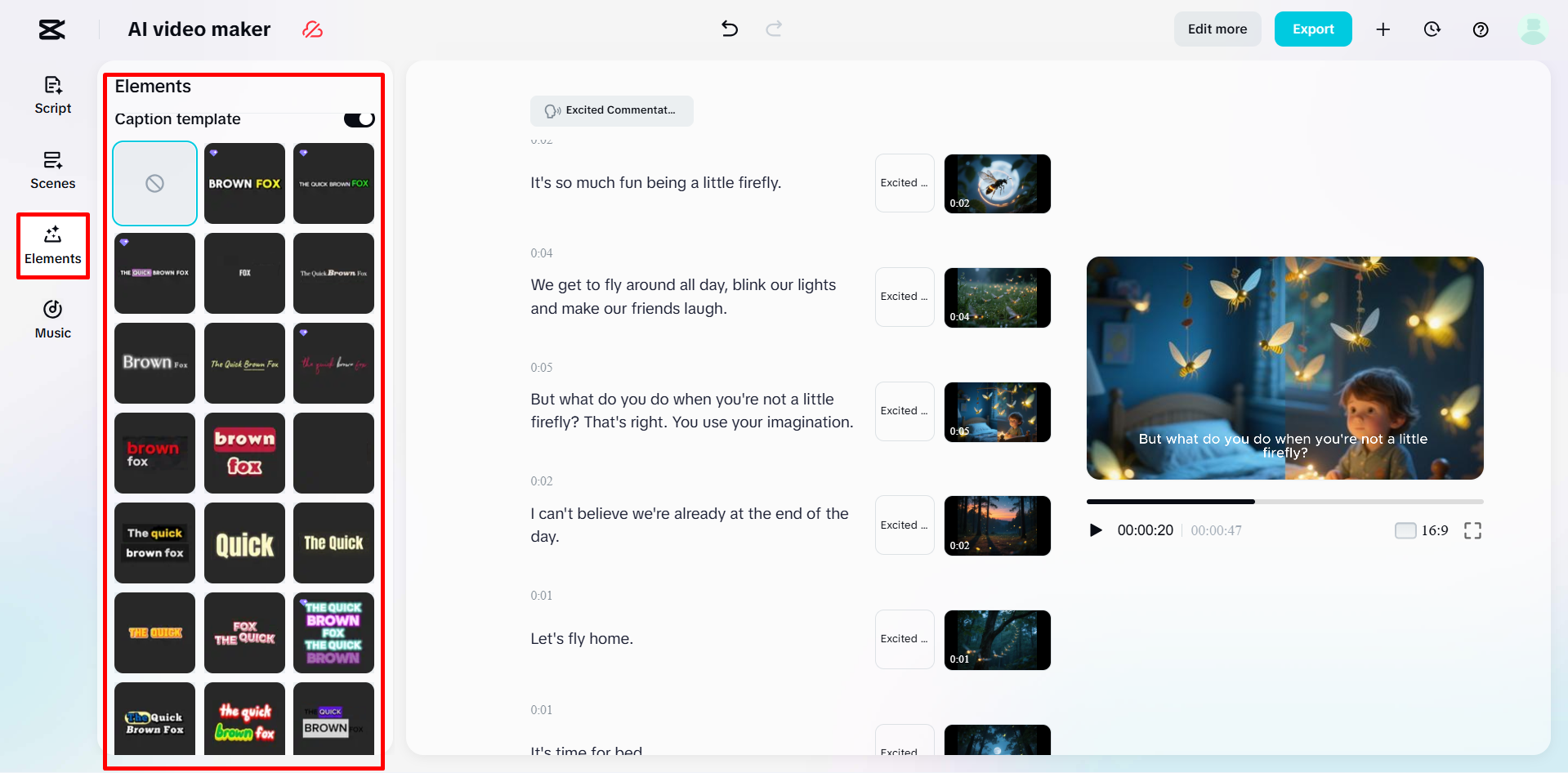 Applying a caption template to the video in CapCut's AI video maker