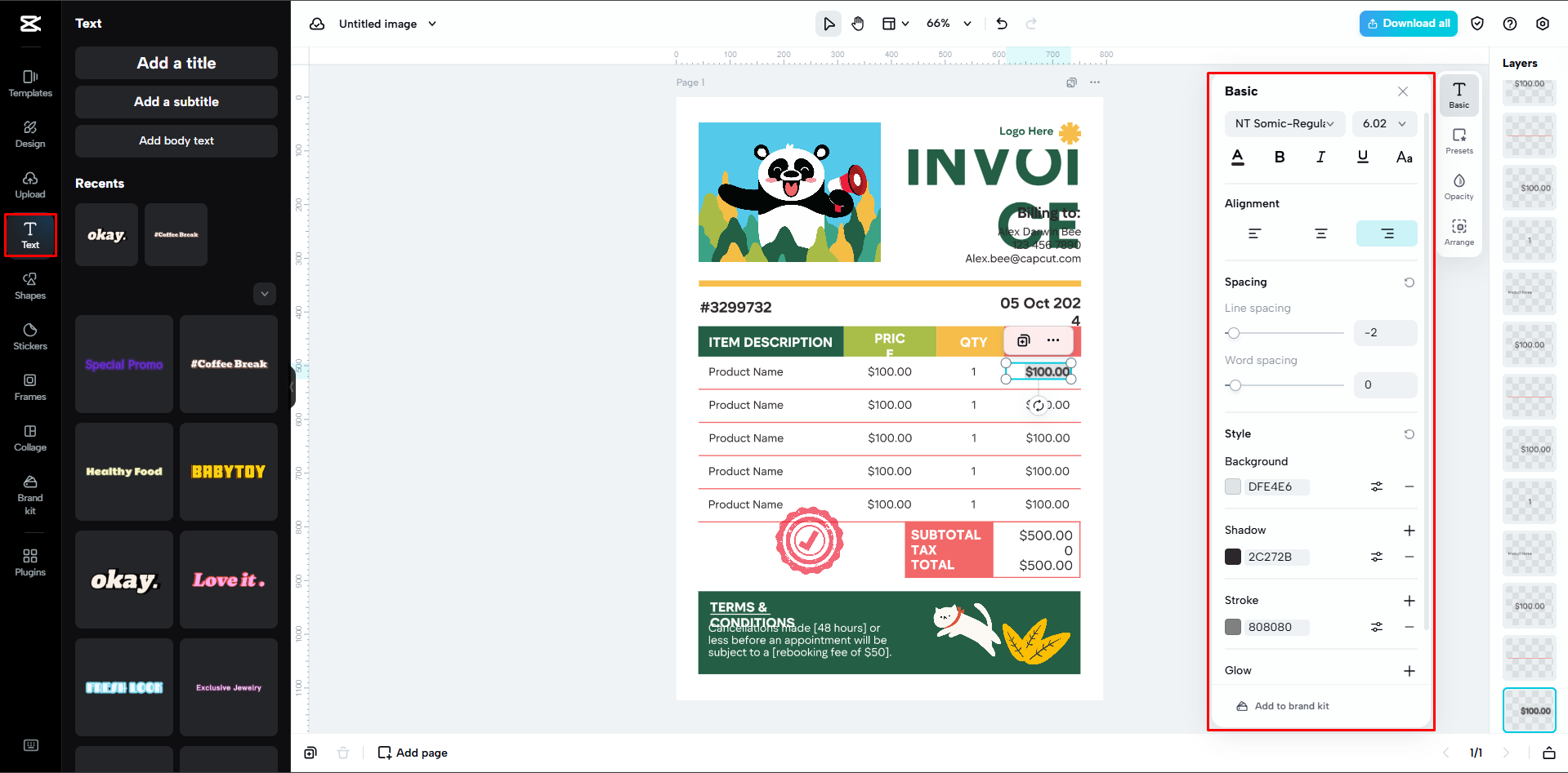 Editing an invoice template with CapCut Web
